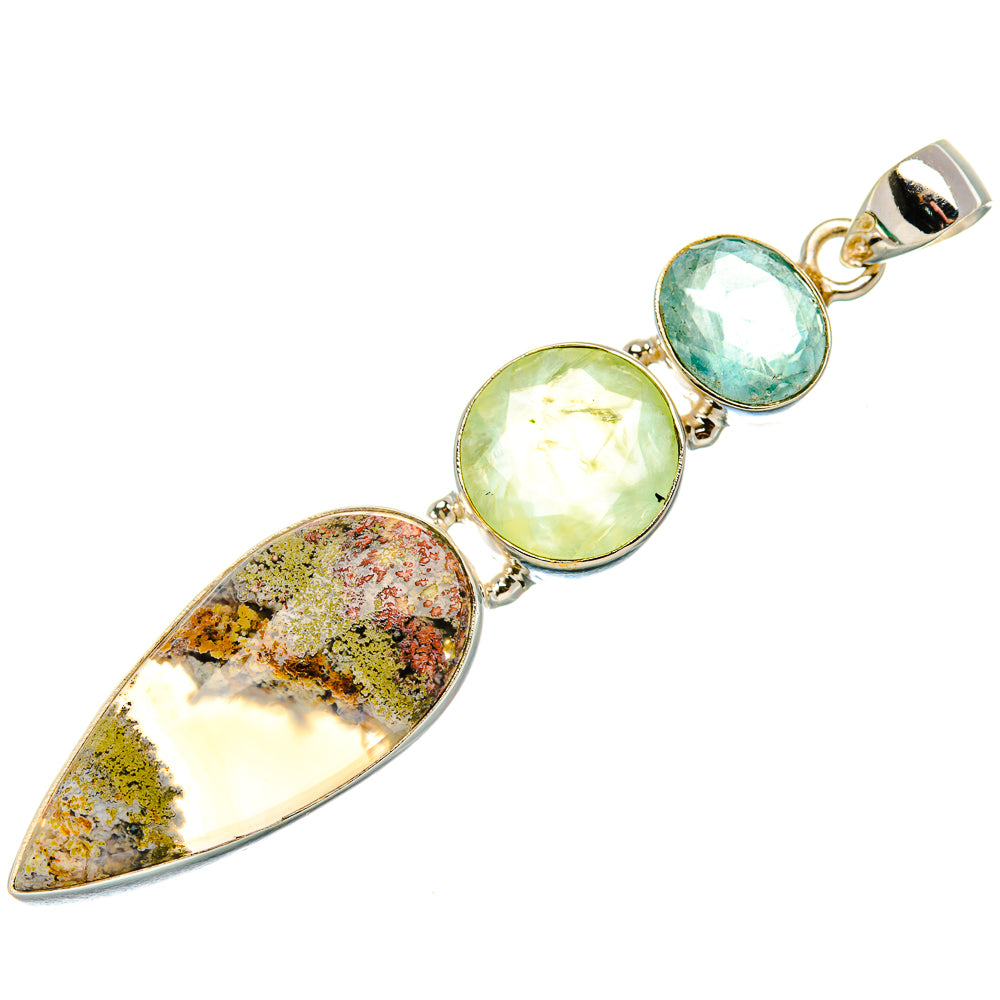 Indonesian Plume Agate, Prehnite, Aquamarine Pendant 2 5/8" (925 Sterling Silver) PD37600