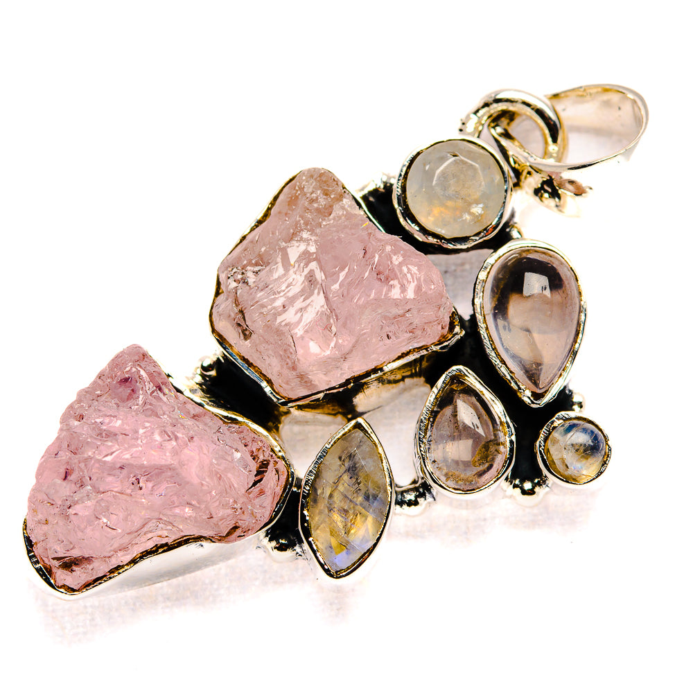 Rough Rose Quartz, Rainbow Moonstone, Blue Topaz Pendant 1 3/4" (925 Sterling Silver) PD36751