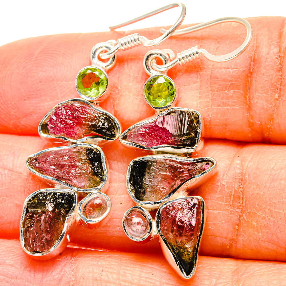 Rough Watermelon Tourmaline, Peridot Earrings 1 3/4" (925 Sterling Silver) EARR431498