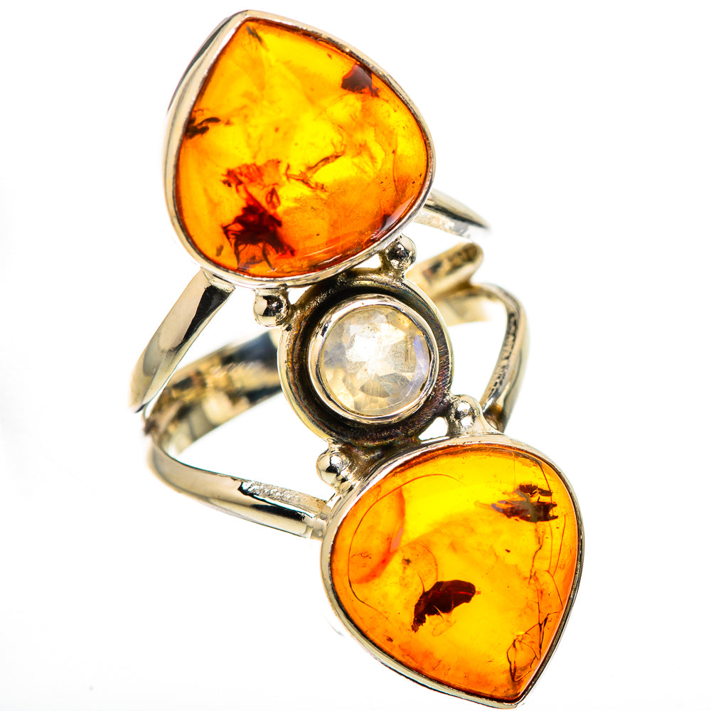 Large Baltic Amber, Rainbow Moonstone Ring Size 7 (925 Sterling Silver) RING134698