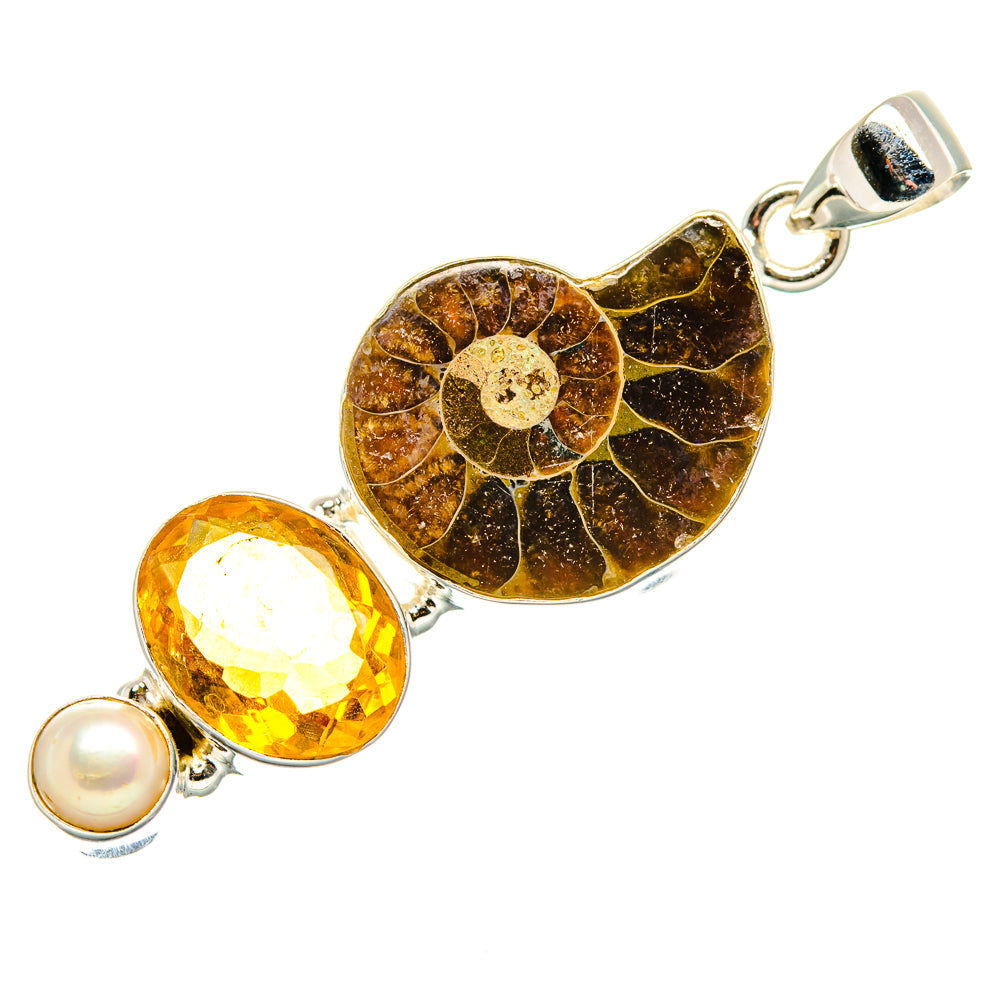 Ammonite Fossil, Citrine, Cultured Pearl Pendant 2"  (925 Sterling Silver) PD36934