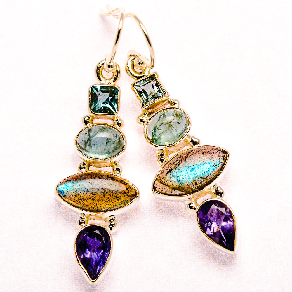 Labradorite, Amethyst, Aquamarine, Blue Topaz 925 Sterling Silver Earrings 1 3/4" (925 Sterling Silver) EARR431935