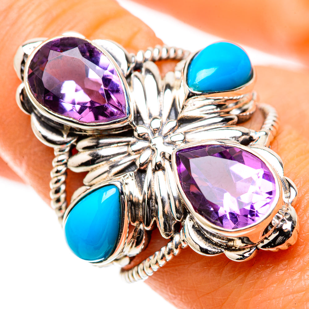 Anasilvercos Large Faceted Amethyst, Sleeping Beauty Turquoise Ring Size 8.25 (925 Sterling Silver)