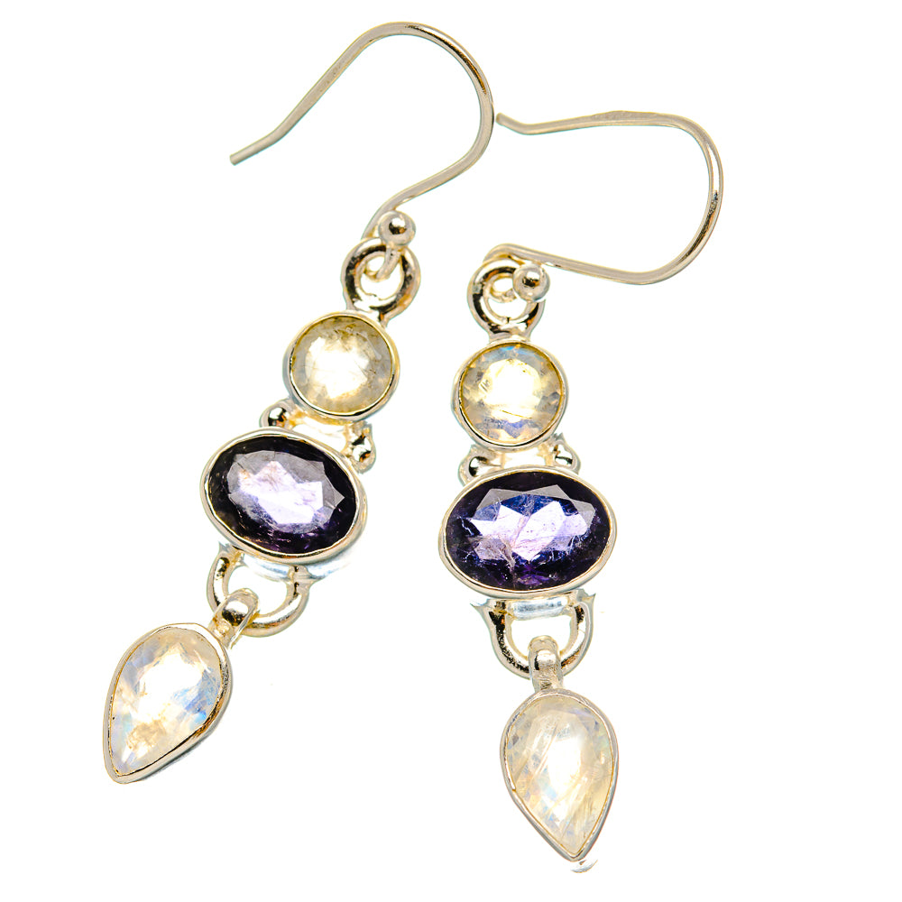 Anasilvercos Faceted Tanzanite, Rainbow Moonstone Earrings 1 3/4" (925 Sterling Silver)