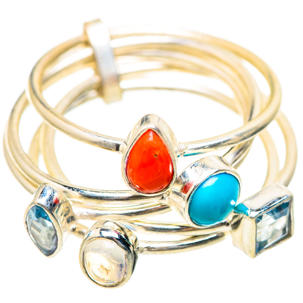 Red Coral, Larimar, Blue Topaz, Moonstone Silver Ring Size 9.25 R136308