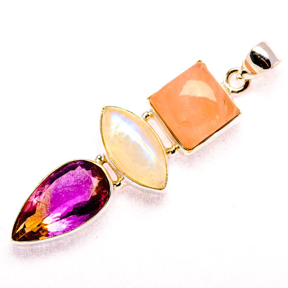 Faceted Ametrine, Rose Quartz, Rainbow Moonstone Pendant 2 1/4" (925 Sterling Silver) PD37481