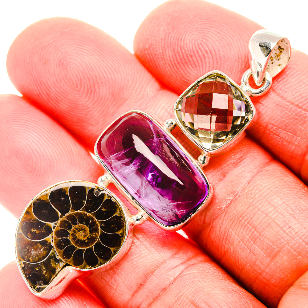Ammonite Fossil, Amethyst, Green Amethyst Sterling Silver Pendant 2 1/4" P37388
