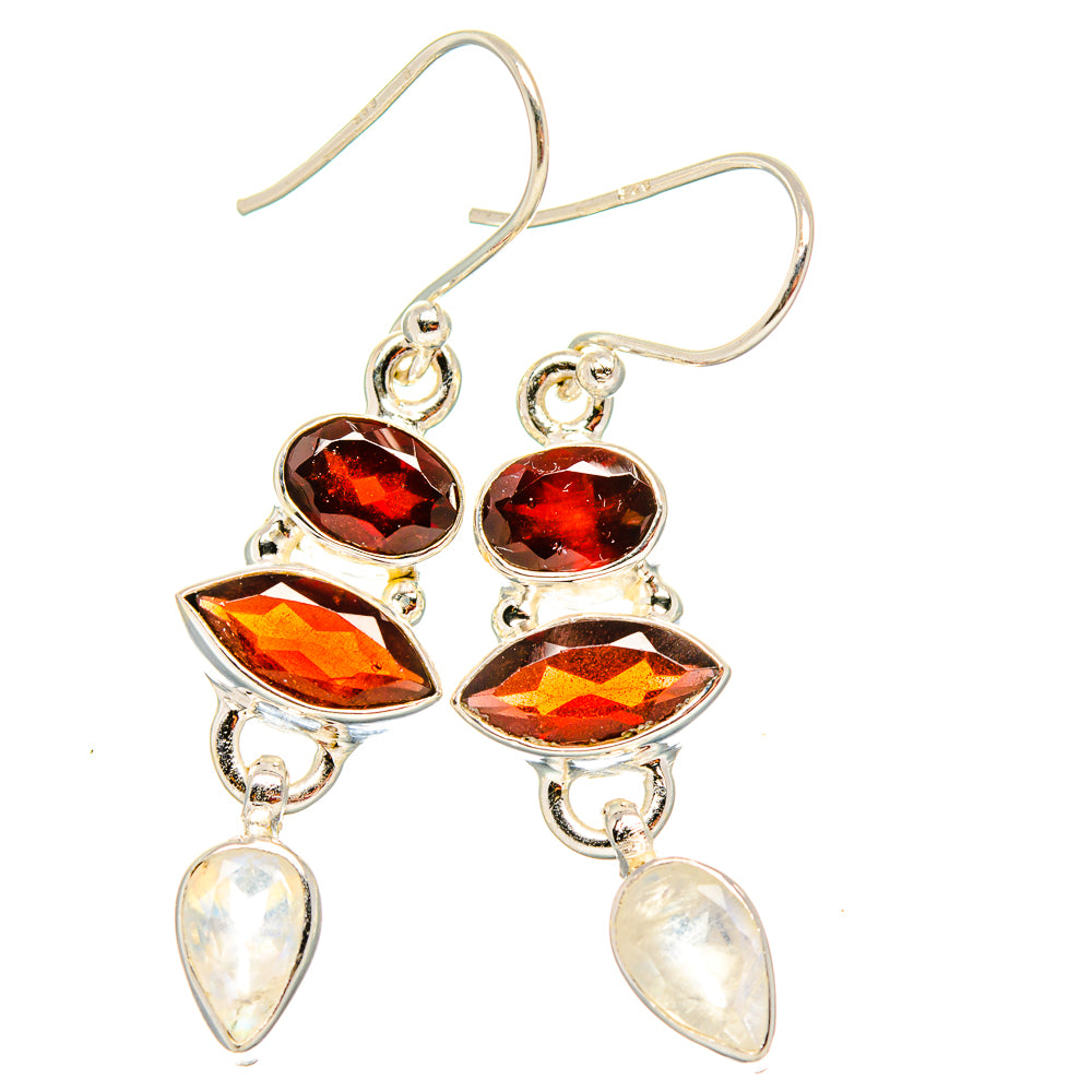 Garnet, Rainbow Moonstone Earrings 1 3/4" (925 Sterling Silver) EARR431593