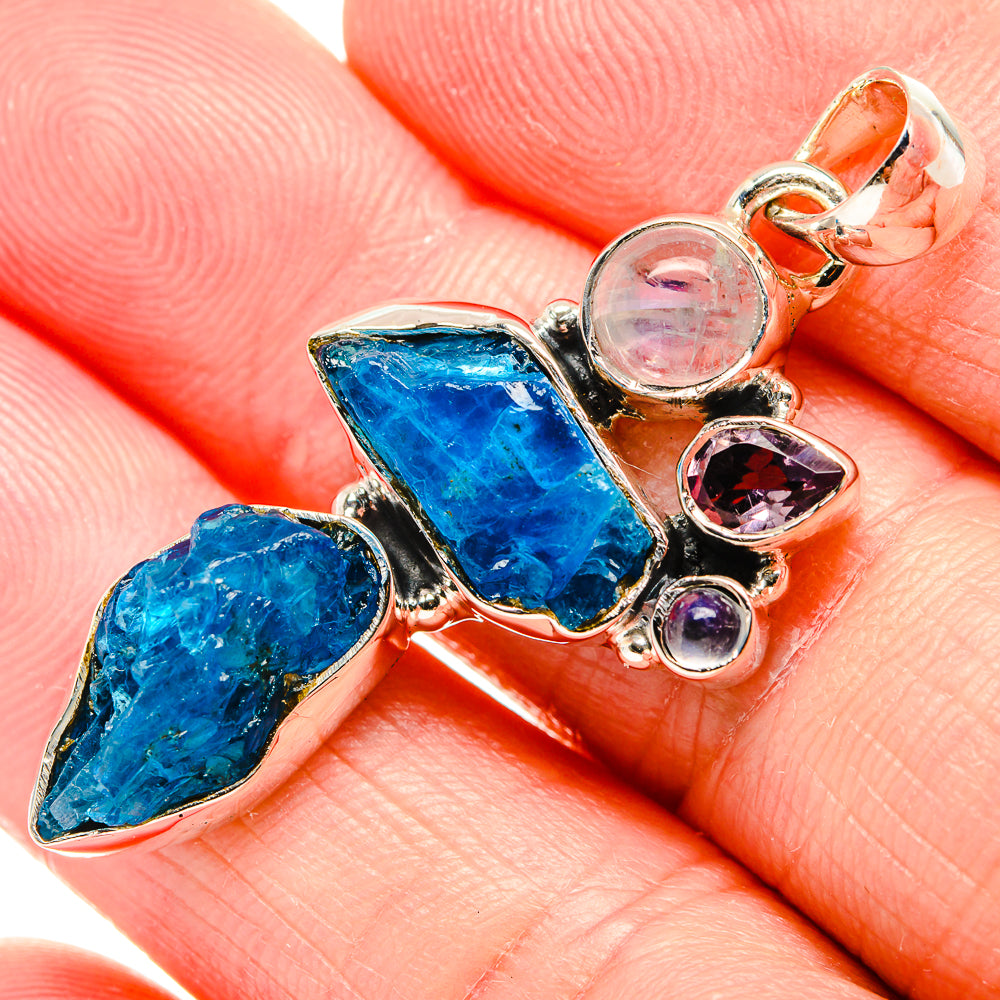 Rough Blue Fluorite, Rainbow Moonstone, Amethyst Pendant 1 3/4" (925 Sterling Silver) PD36785