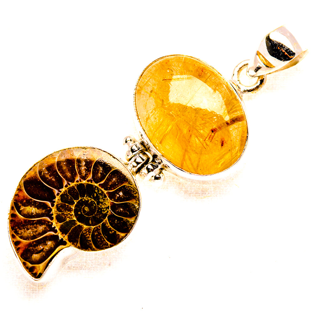 Ammonite Fossil, Rutilated Quartz Pendant 2" (925 Sterling Silver) PD37525