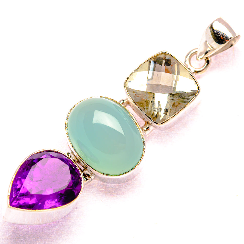 Natural Aquamarine, Amethyst, Green Amethyst Pendant 2 1/4" (925 Sterling Silver) PD37395