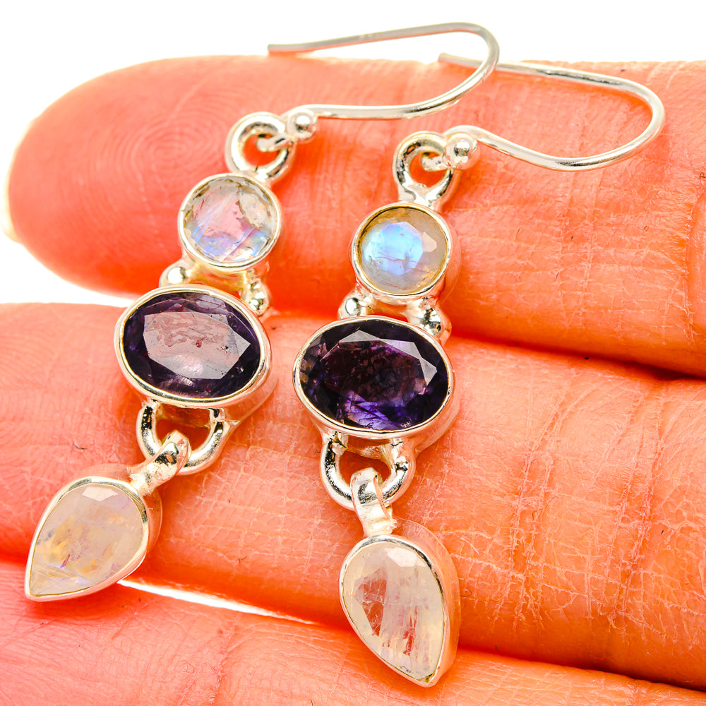 Faceted Tanzanite, Rainbow Moonstone Earrings 1 3/4" (925 Sterling Silver) EARR431774
