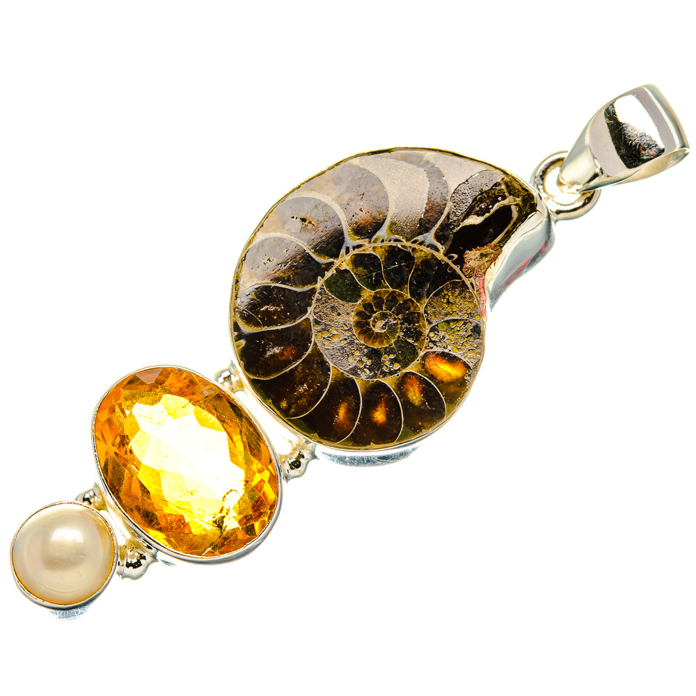 Ammonite Fossil, Citrine, Cultured Pearl Pendant 2" (925 Sterling Silver) PD37125