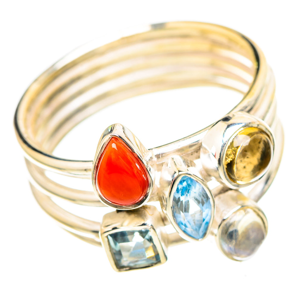 Red Coral, Citrine, Blue Topaz, Rainbow Moonstone 925 Sterling Silver Ring Size 8.75 (925 Sterling Silver) RING137265