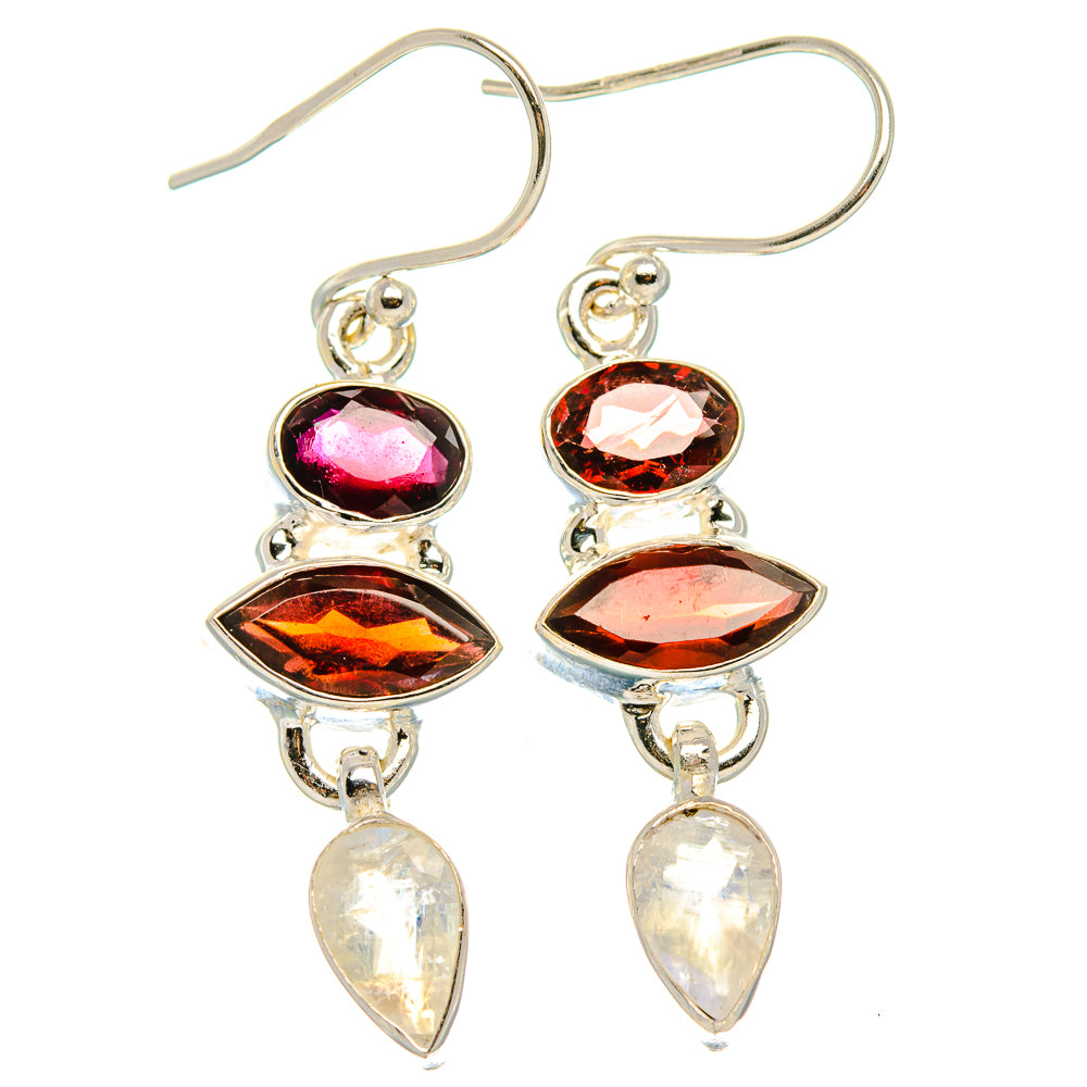 Garnet, Rainbow Moonstone Earrings 1 3/4"  (925 Sterling Silver) EARR431639