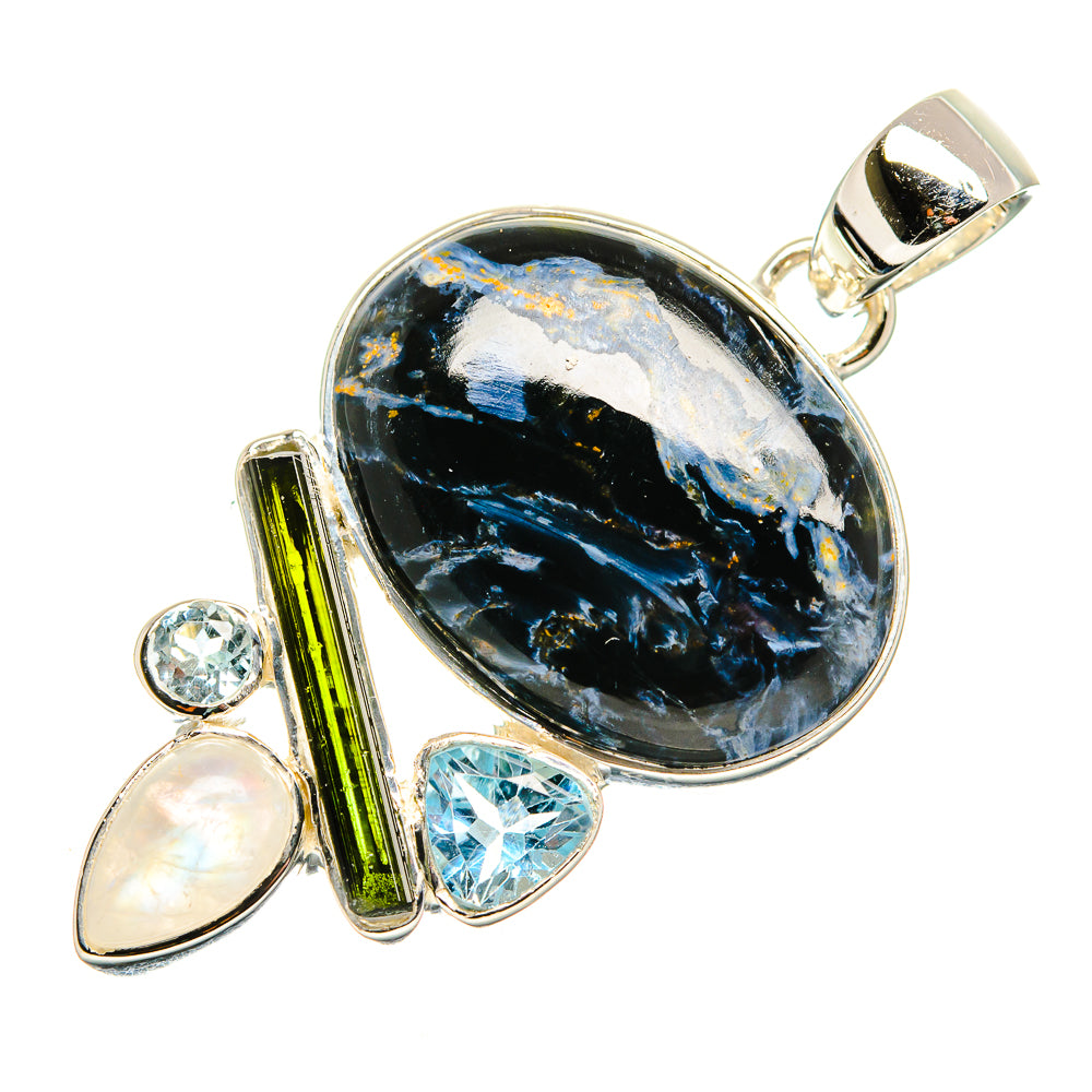 Pietersite, Green Tourmaline, Rainbow Moonstone, Blue Topaz Pendant 1 3/4" (925 Sterling Silver) PD36301