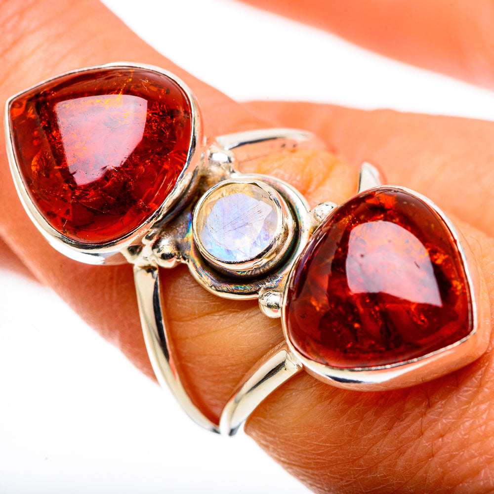 Large Baltic Amber, Rainbow Moonstone Ring Size 7.25 (925 Sterling Silver) RING134736