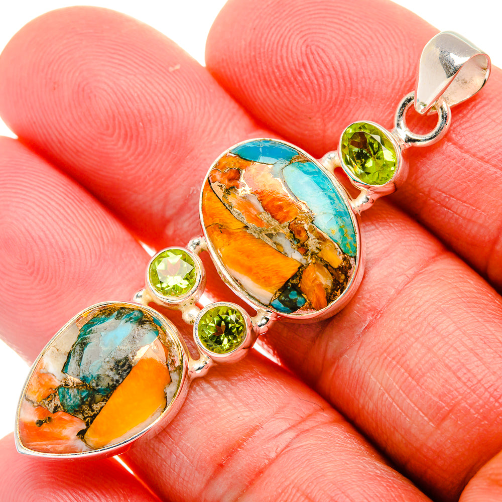 Spiny Oyster Turquoise, Peridot 925 Sterling Silver Pendant 2 1/4" (925 Sterling Silver) PD37714