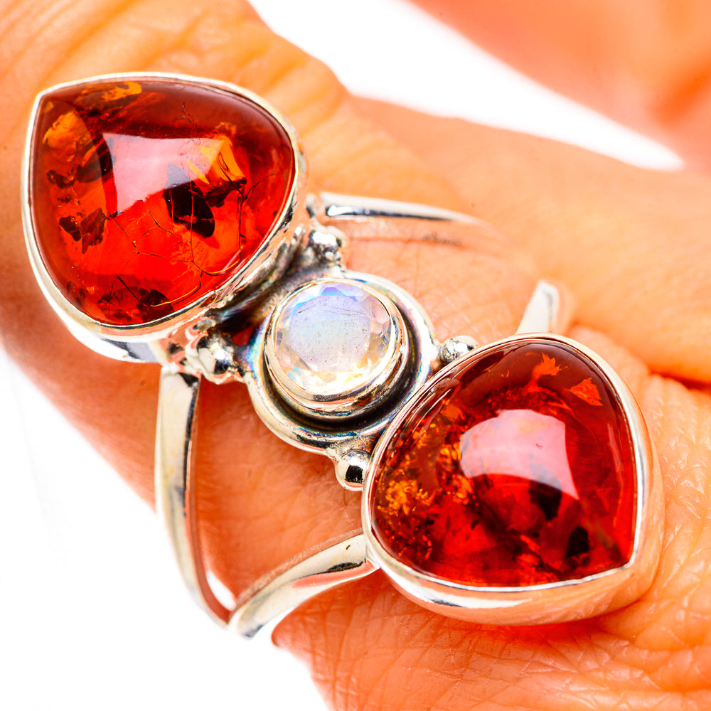 Baltic Amber, Rainbow Moonstone Ring Size 9 (925 Sterling Silver) RING134938