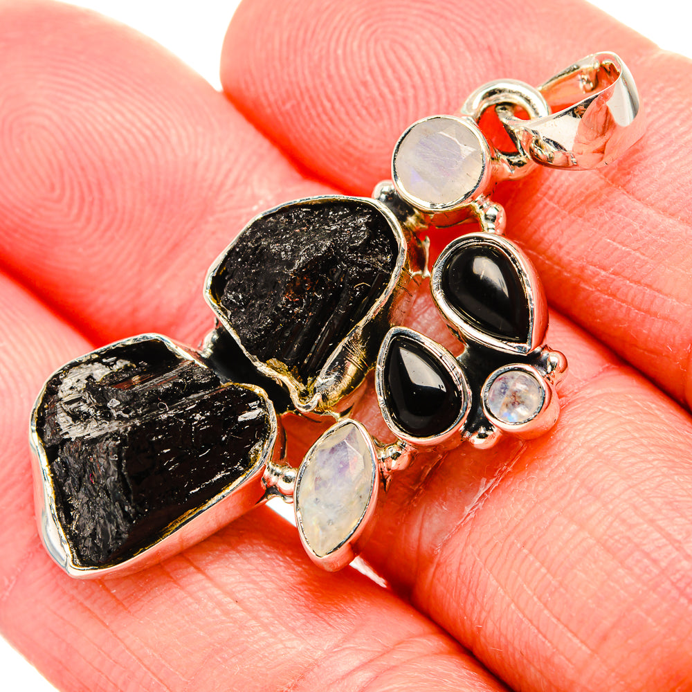 Rough Black Tourmaline, Black Onyx, Rainbow Moonstone Pendant 1 3/4" (925 Sterling Silver) PD36818