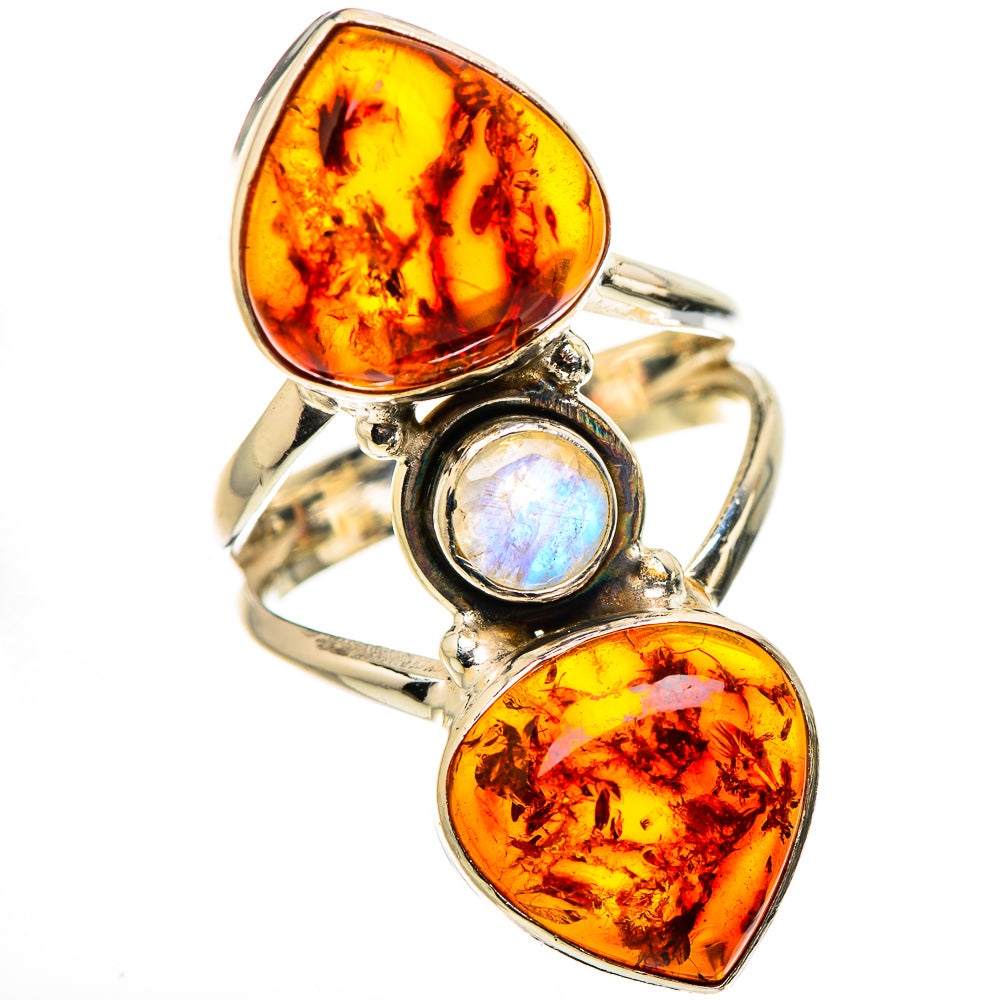 Large Baltic Amber, Rainbow Moonstone Ring Size 7.25 (925 Sterling Silver) RING134736