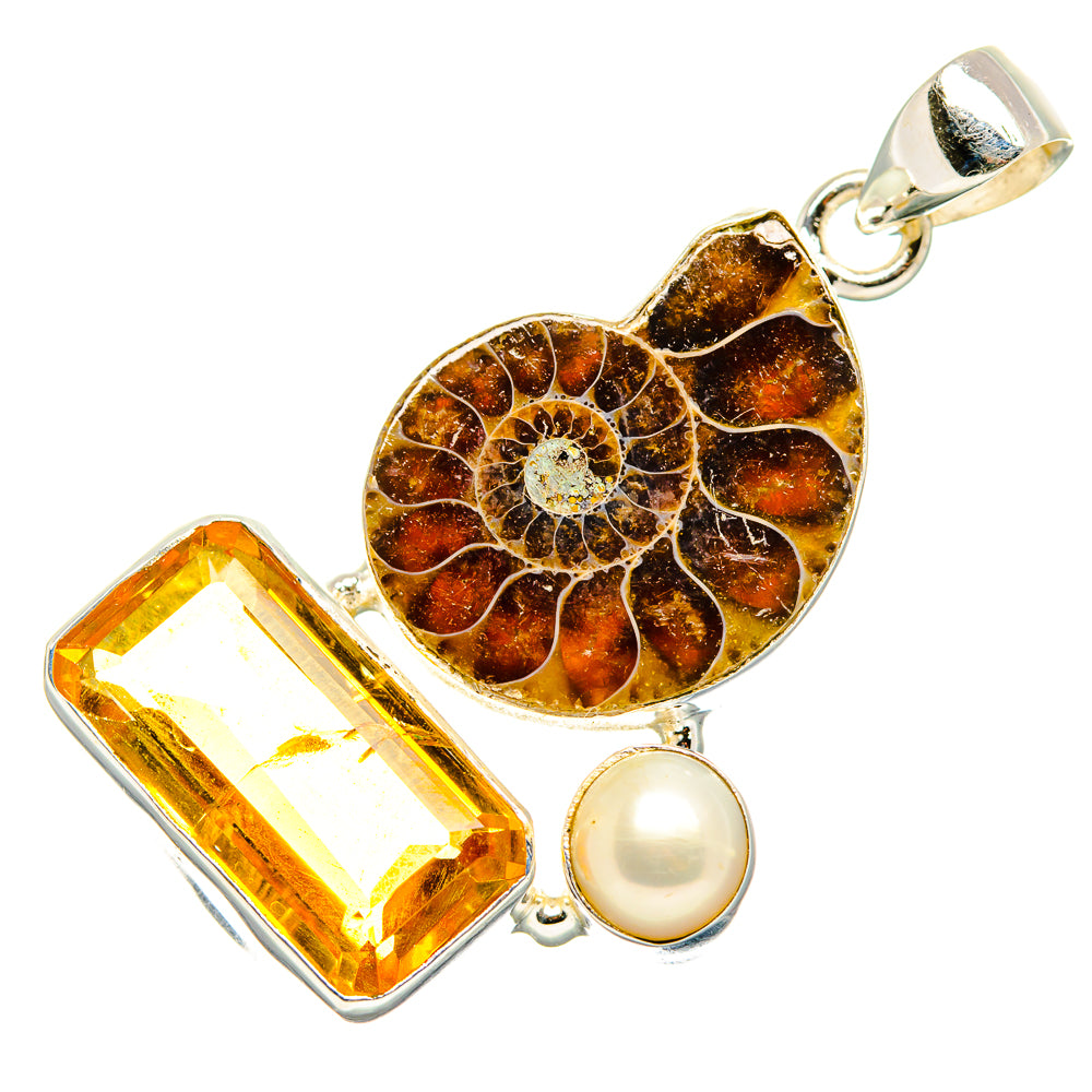 Ammonite Fossil, Citrine, Cultured Pearl Pendant 1 3/4" (925 Sterling Silver) PD36845