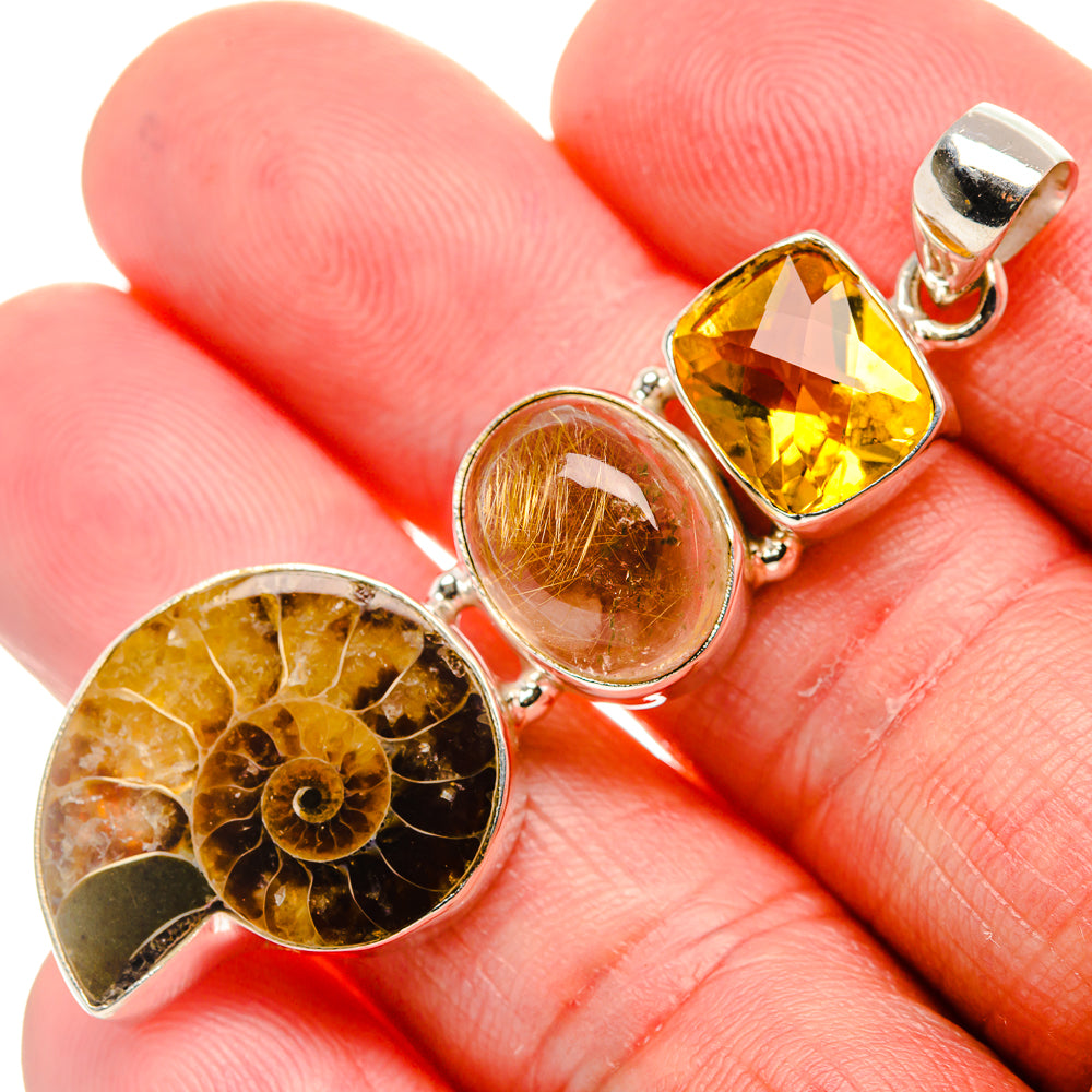 Ammonite Fossil, Rutilated Quartz, Citrine Pendant 2 1/4" (925 Sterling Silver) PD37477