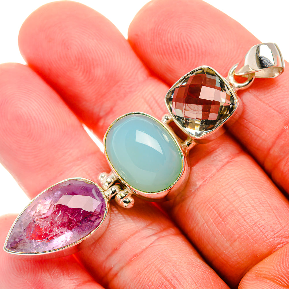 Natural Aquamarine, Amethyst, Green Amethyst Pendant 2 3/8" (925 Sterling Silver) PD37428