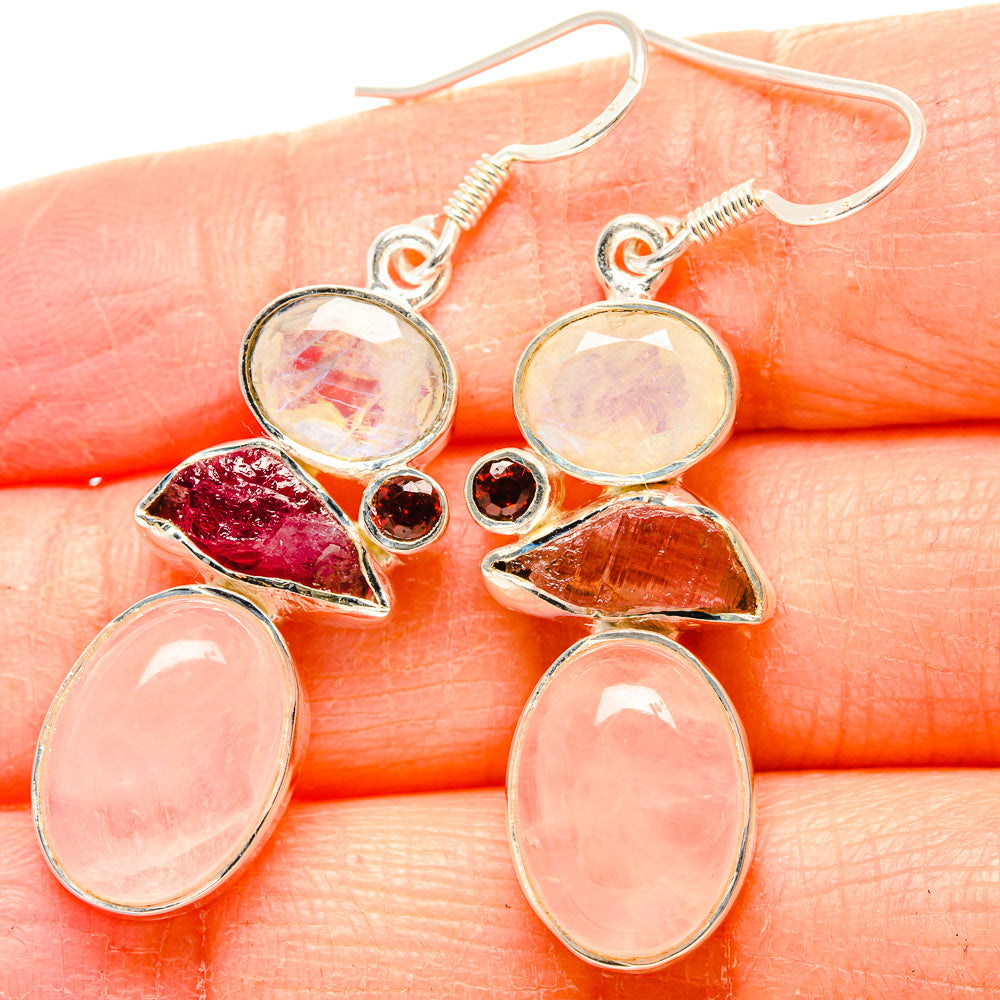 Rose Quartz, Pink Tourmaline, Garnet Earrings 1 7/8" (925 Sterling Silver) EARR431485