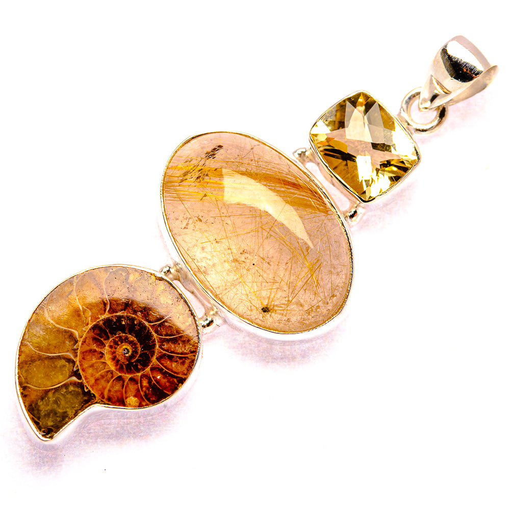Rutilated Quartz, Ammonite Fossil, Citrine Pendant 2 3/8" (925 Sterling Silver) PD37392