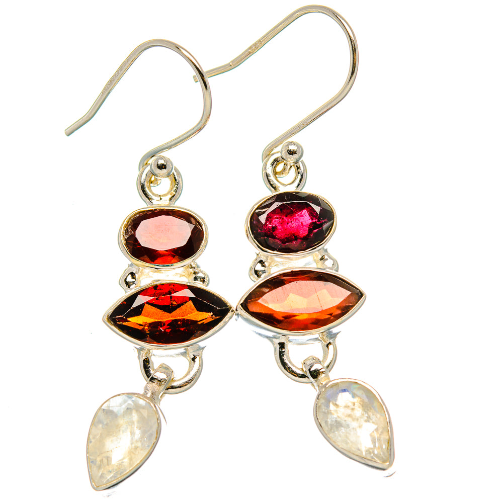 Garnet, Rainbow Moonstone 925 Sterling Silver Earrings 1 3/4" Ana Co E431734