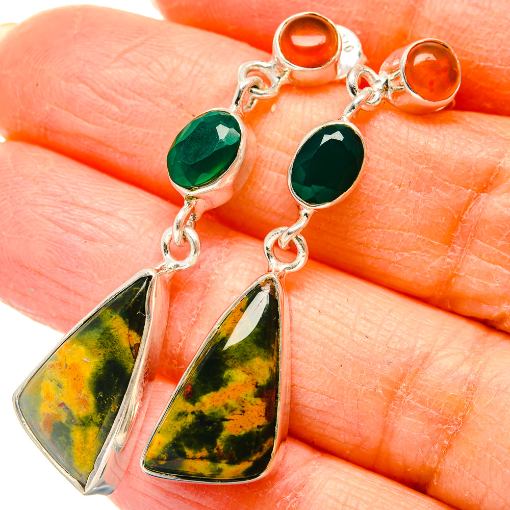 Bloodstone, Green Onyx, Carnelian Earrings 1 1/2" (925 Sterling Silver) EARR431515