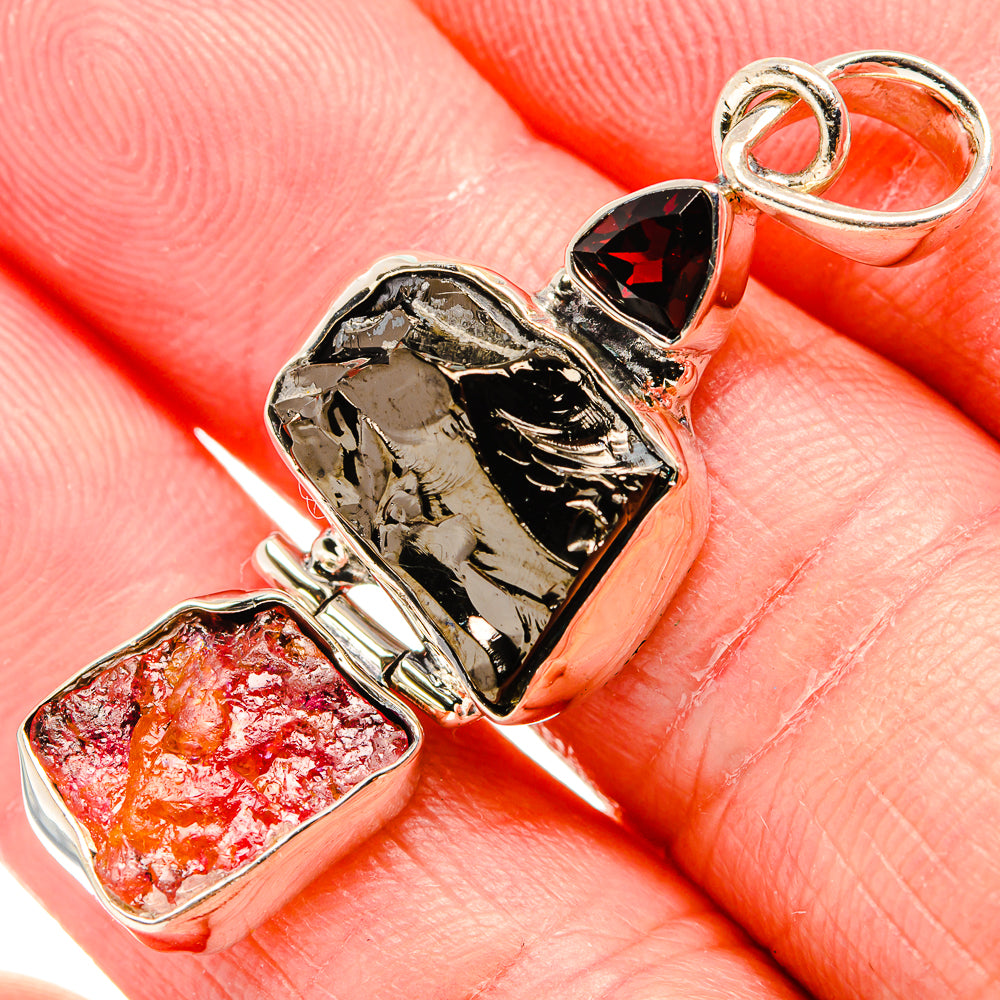 Rough Shungite, Pink Tourmaline, Garnet Pendant 1 3/4" (925 Sterling Silver) PD36825