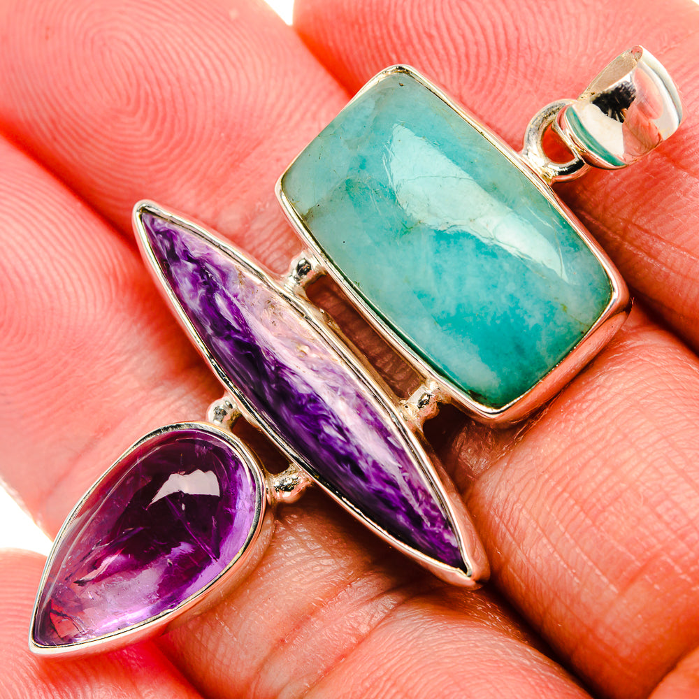 Charoite, Amethyst, Amazonite 925 Sterling Silver Pendant 2 1/8" (925 Sterling Silver) PD37655