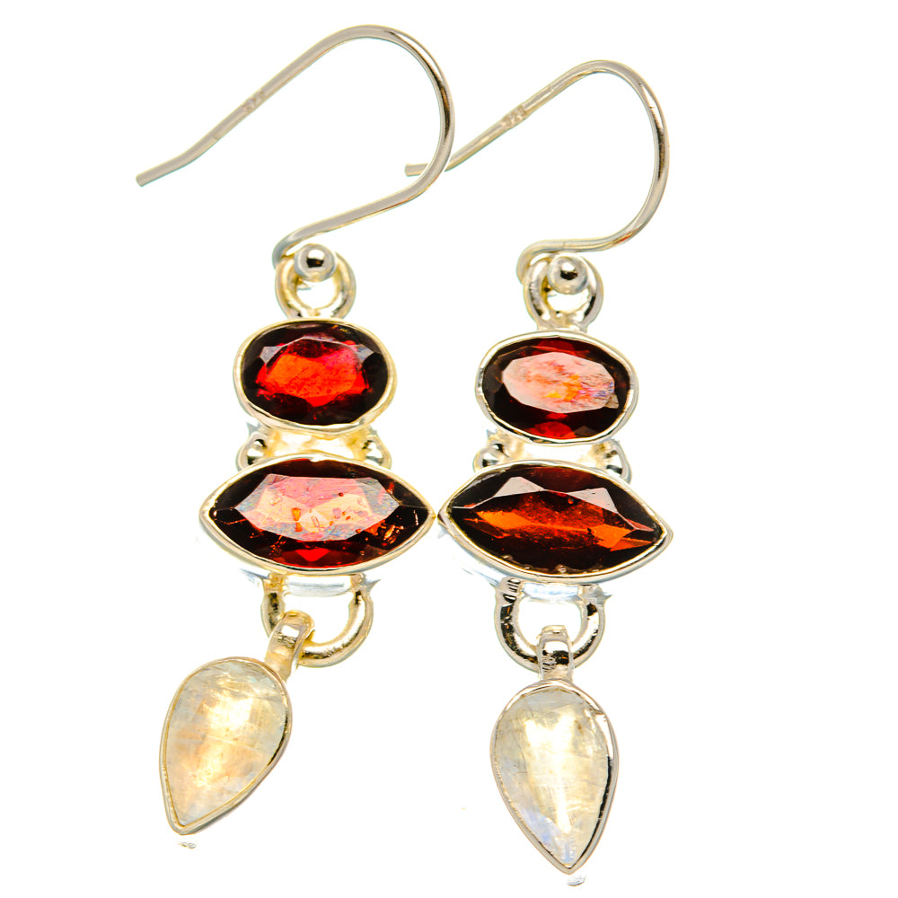 Garnet, Rainbow Moonstone Earrings 1 3/4"  (925 Sterling Silver) EARR431629
