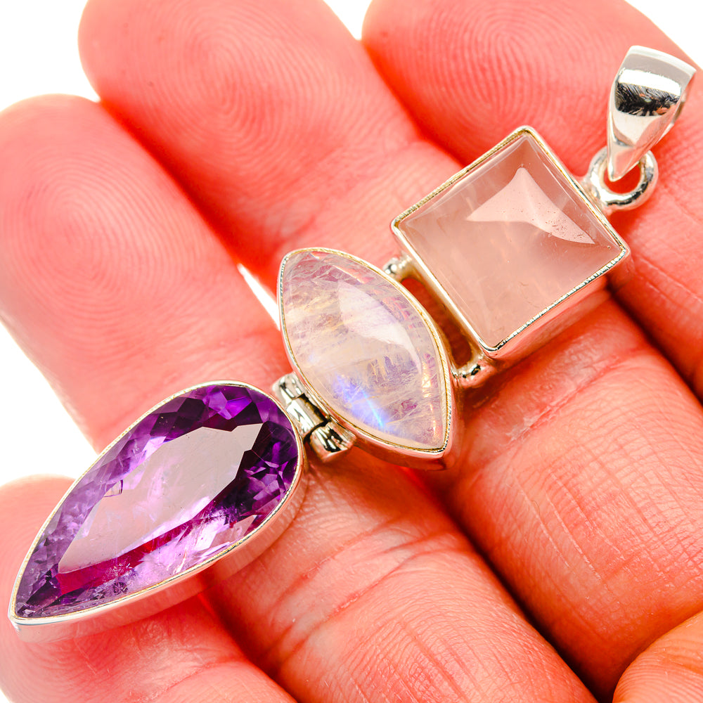 Faceted Amethyst, Rose Quartz, Rainbow Moonstone Pendant 2 1/2" (925 Sterling Silver) PD37427