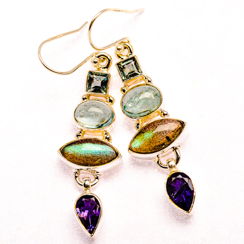 Labradorite, Tanzanite, Aquamarine, Blue Topaz Earrings 1 7/8" (925 Sterling Silver) EARR431907
