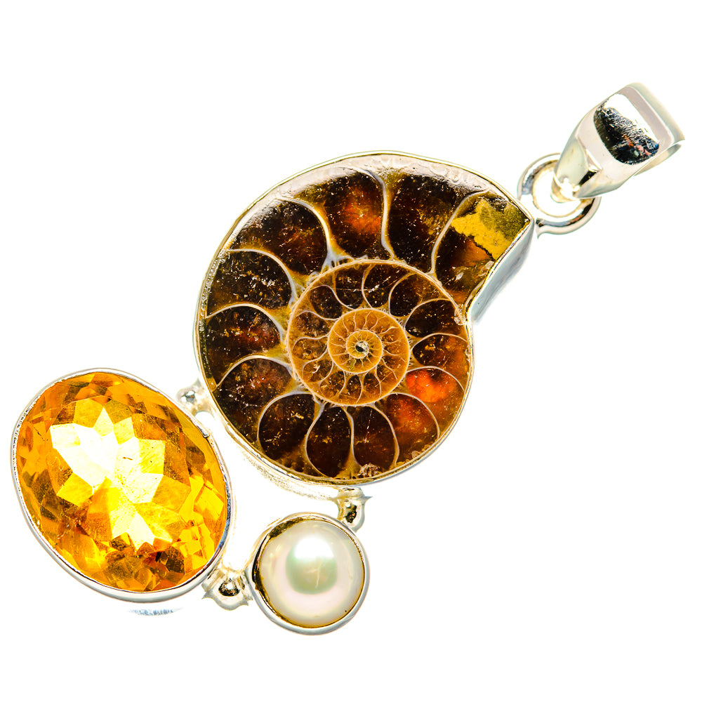 Ammonite Fossil, Citrine, Cultured Pearl Pendant 1 7/8" (925 Sterling Silver) PD36865