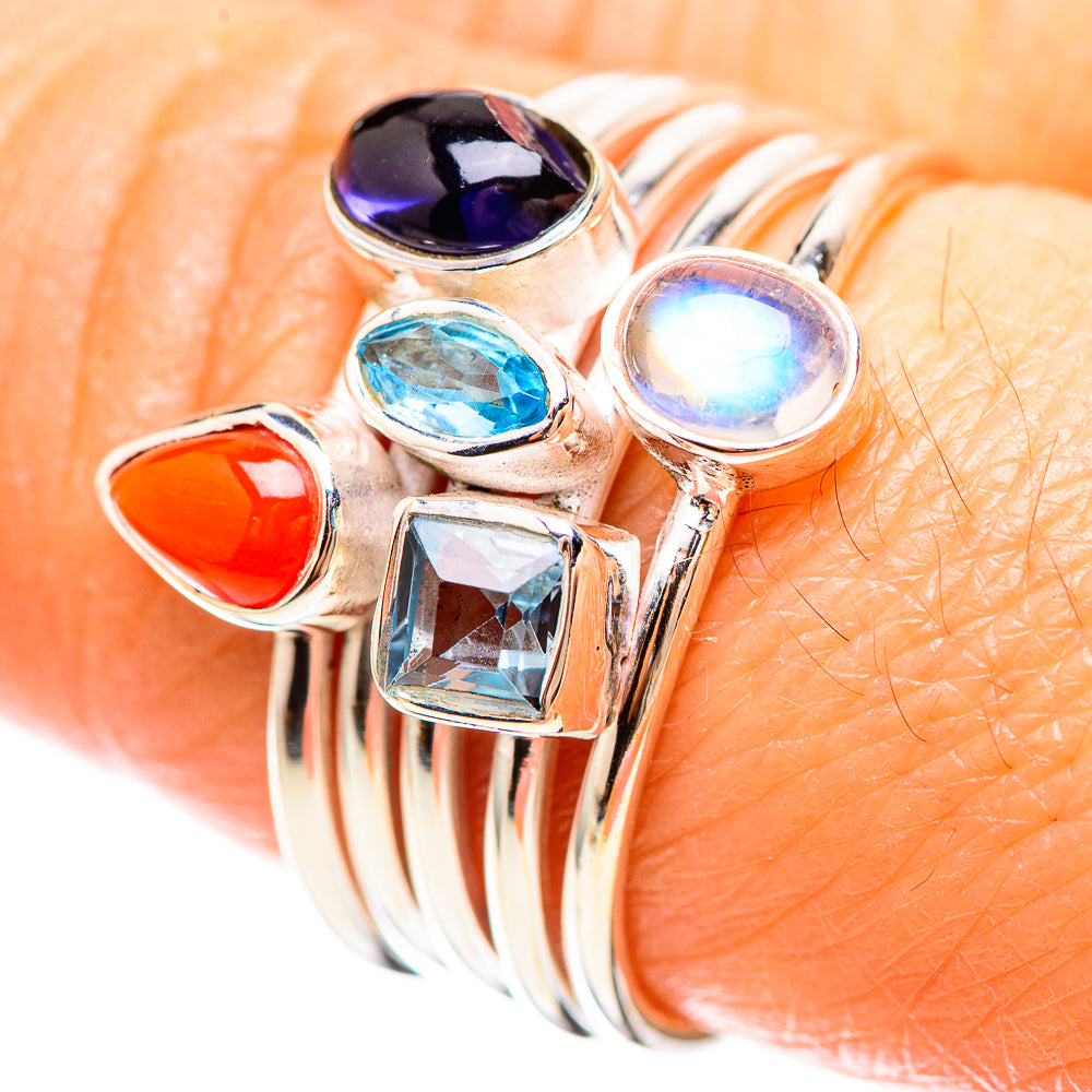 Red Coral, Amethyst, Moonstone, Blue Topaz Sterling Silver Ring Size 8 R136277