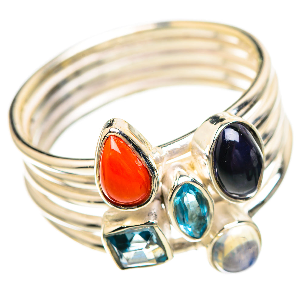 Red Coral, Amethyst, Moonstone, Blue Topaz Sterling Silver Ring Size 8 R136277