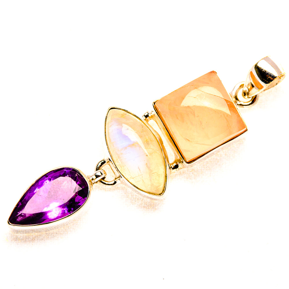 Rose Quartz, Rainbow Moonstone, Amethyst Pendant 2 1/4" (925 Sterling Silver) PD37527