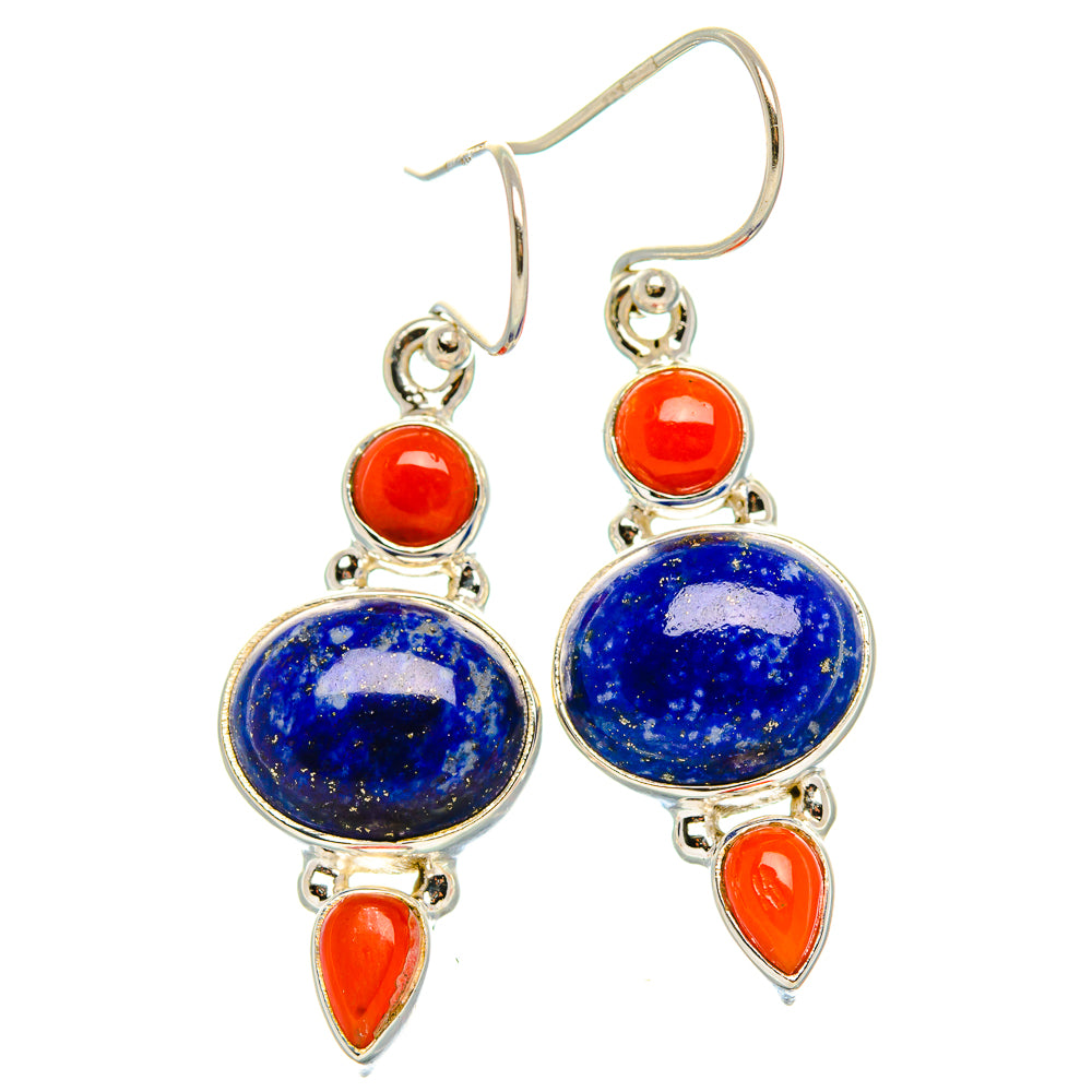 Lapis Lazuli, Red Coral Earrings 1 5/8" (925 Sterling Silver) EARR431855