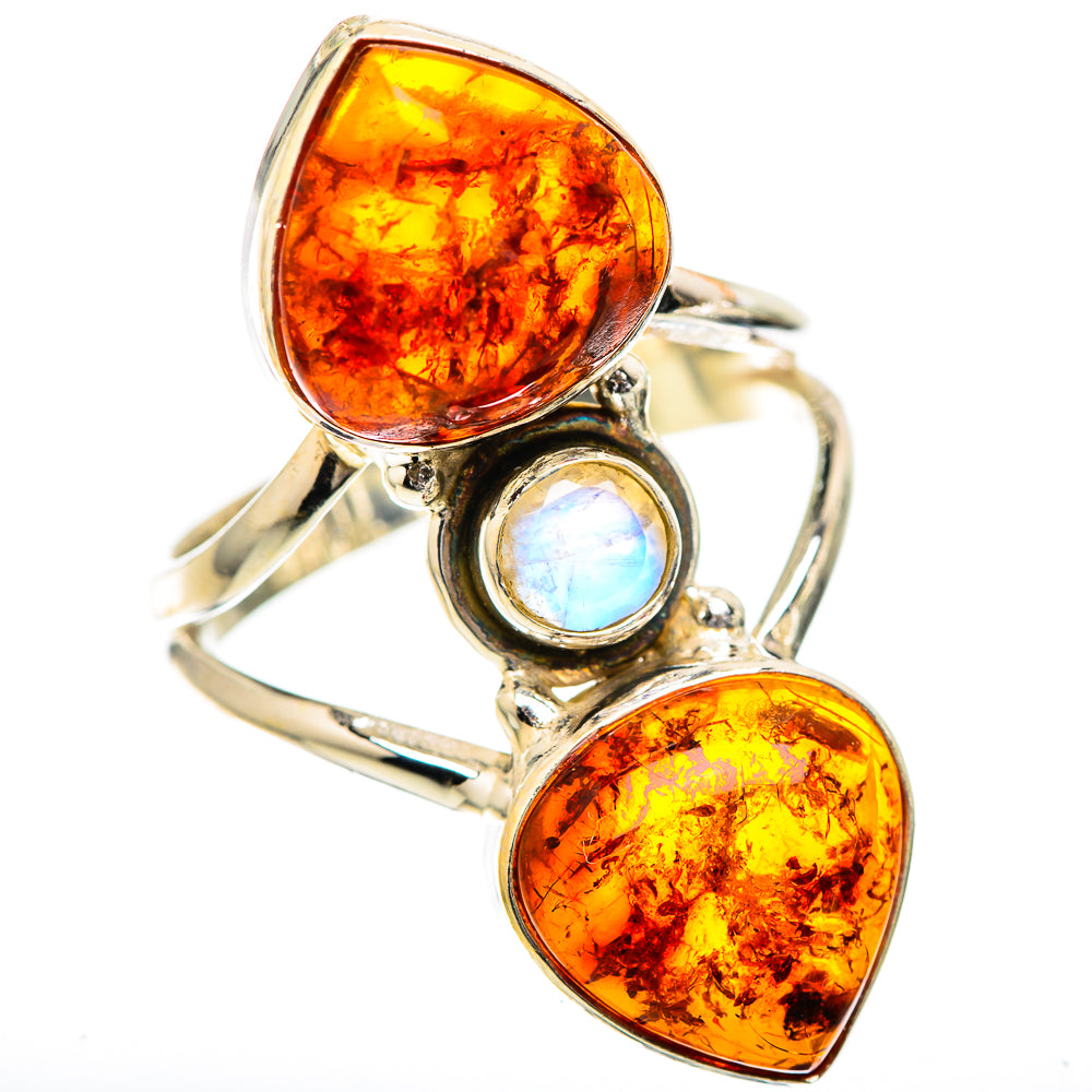 Large Baltic Amber, Rainbow Moonstone Ring Size 9.75 (925 Sterling Silver) RING135921