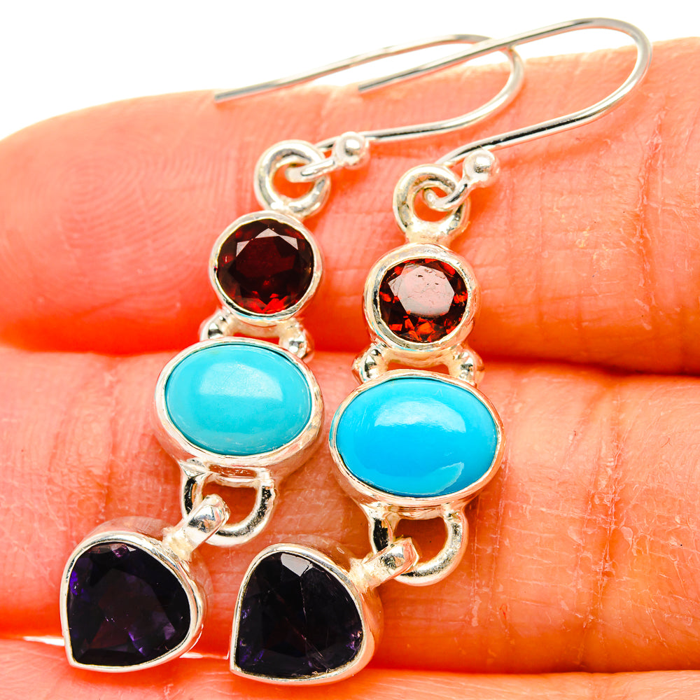 Anasilvercos Sleeping Beauty Turquoise, Garnet, Tanzanite Earrings 1 3/4" (925 Sterling Silver)