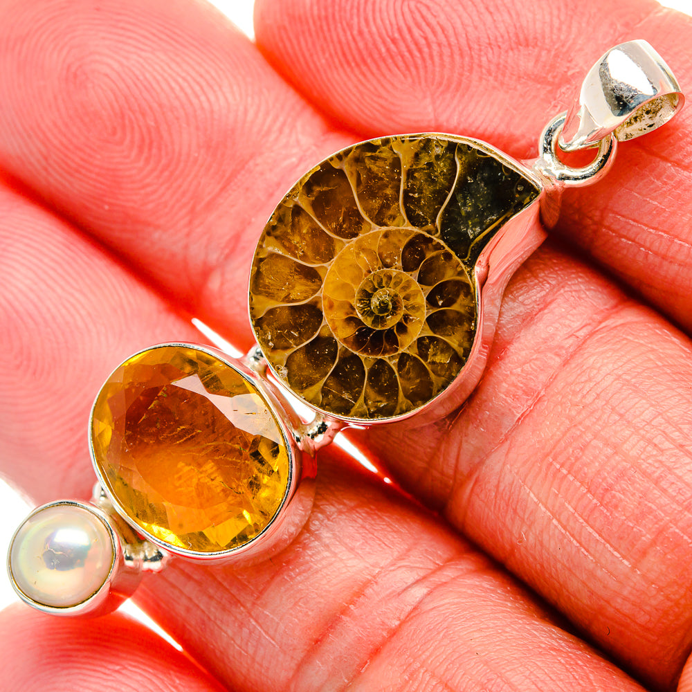 Ammonite Fossil, Citrine, Cultured Pearl Pendant 2 1/8"  (925 Sterling Silver) PD37191