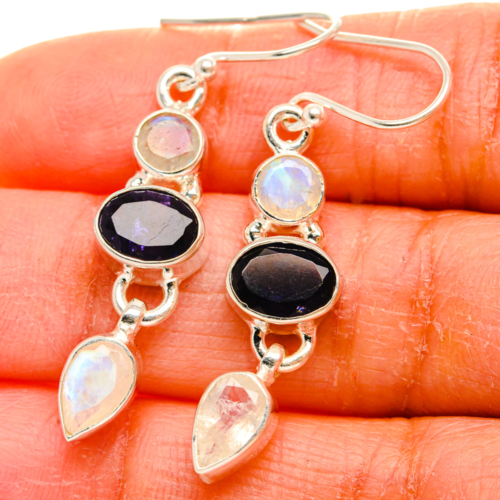Anasilvercos Faceted Tanzanite, Rainbow Moonstone Earrings 1 3/4" (925 Sterling Silver)