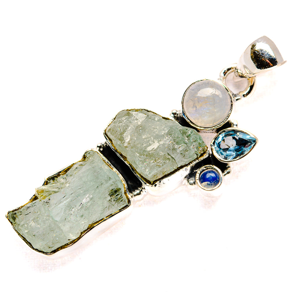 Rough Aquamarine, Rainbow Moonstone, Blue Topaz Pendant 2" (925 Sterling Silver) PD36768
