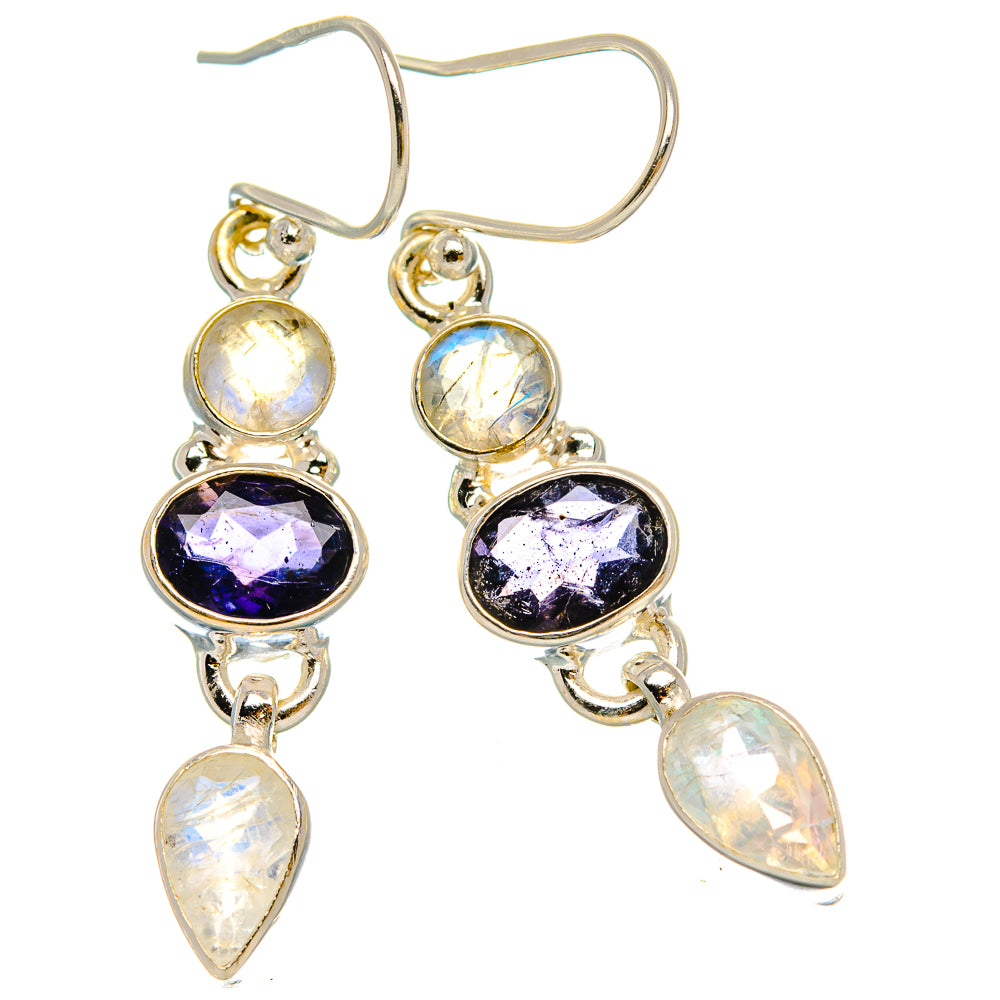 Anasilvercos Faceted Tanzanite, Rainbow Moonstone Earrings 1 3/4" (925 Sterling Silver)