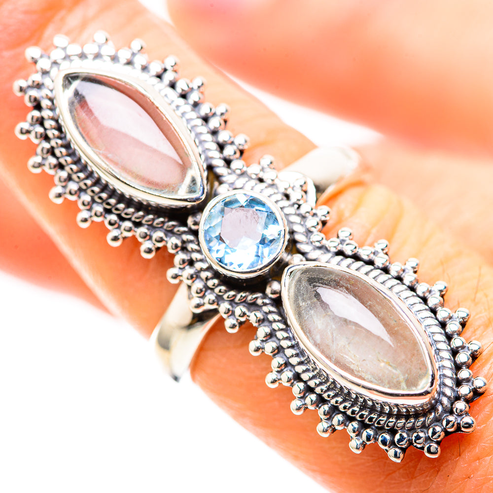 Large Rainbow Moonstone, Blue Topaz Ring Size 7.5 (925 Sterling Silver) RING136748