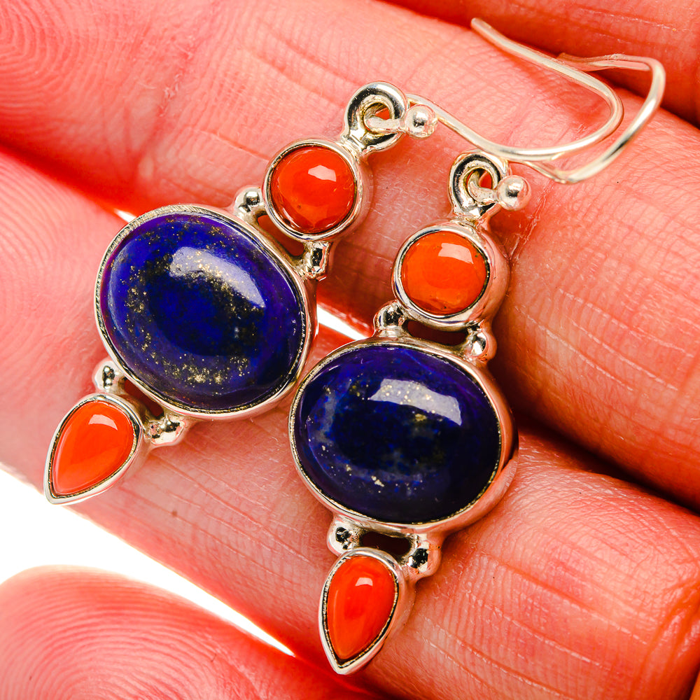 Lapis Lazuli, Red Coral 925 Sterling Silver Earrings 1 5/8" (925 Sterling Silver) EARR431915